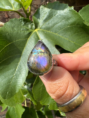 Rainbow labradorite tear drop ring