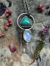 Load image into Gallery viewer, Turquoise and Rainbow moonstone roller ball necklace