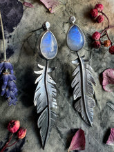 Load image into Gallery viewer, Rainbow moonstone feather Earrings