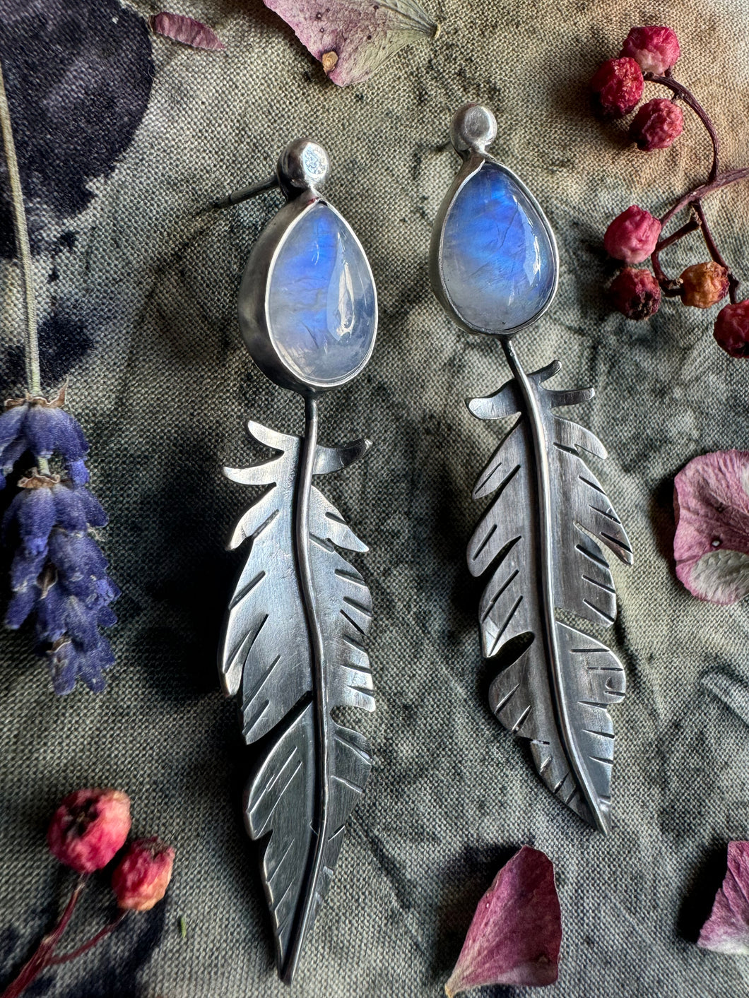 Rainbow moonstone feather Earrings