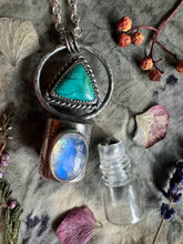 Load image into Gallery viewer, Turquoise and Rainbow moonstone roller ball necklace