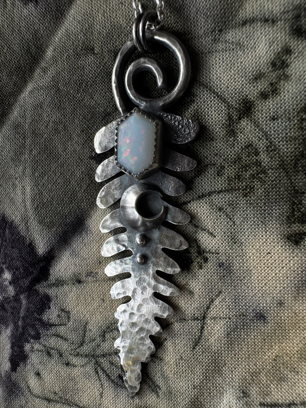 Silver opal fern necklace