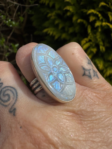 Carved Rainbow moonstone ring