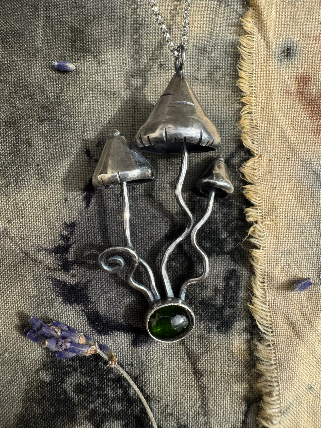Tourmaline Silver Magic Mushroom necklace