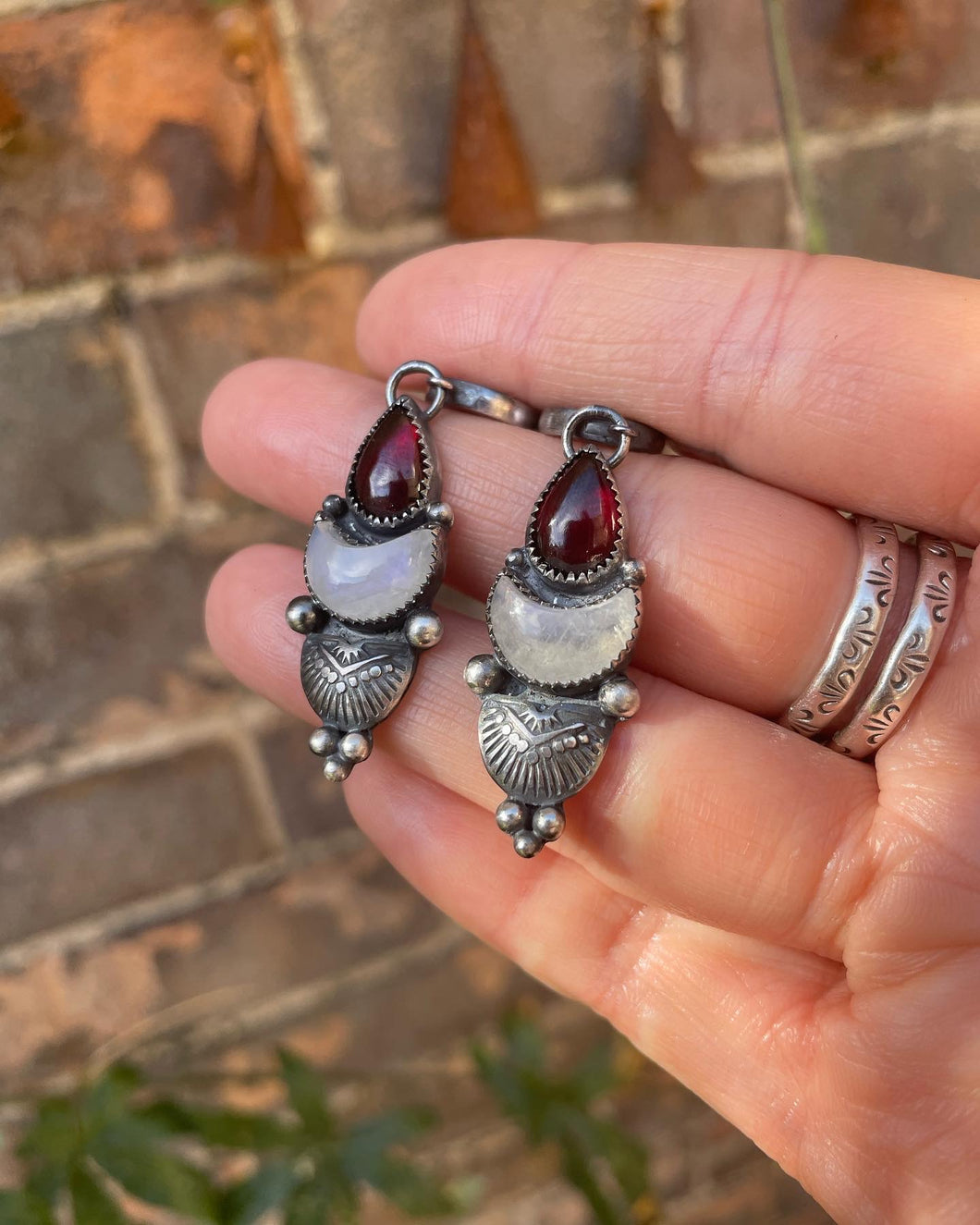 Garnet & Rainbow moonstone earrings